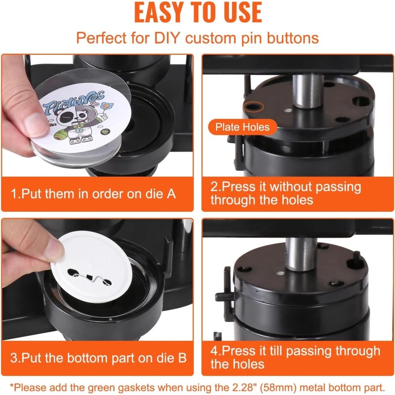 Kolmitoiminen tee-se-itse napinvalmistaja 25, 32 ja 58 millimetriä osilla ja ergonomisella kaarikahvalla