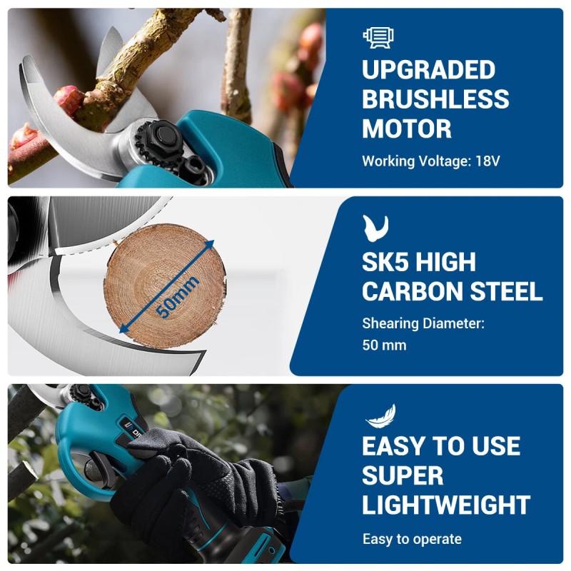 Drillpro sähköiset oksasakset 18V harjaton moottori SK5-terät 50 mm leikkaushalkaisija