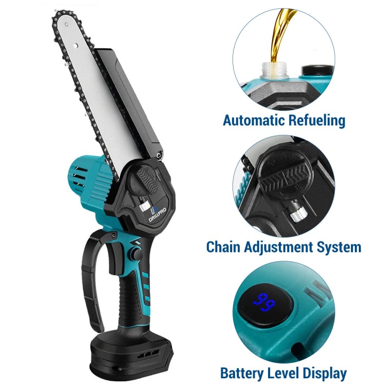 Drillpro 8 tuumainen harjaton akkuketjusaha nopealeikkuinen puuntyöstö puutarhakarsinta sopii Makita 18V akulle