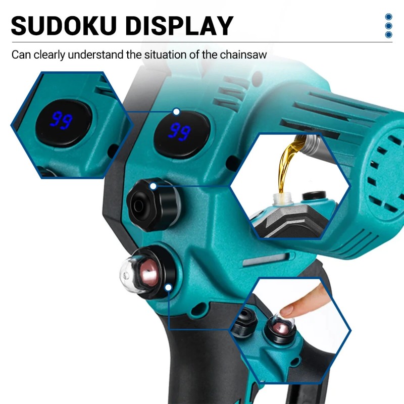 Drillpro 8-tuumainen harjaton akkuketjusaha nopealeikkuinen puuntyöstö puutarhakarsinta sopii Makita 18V-akulle