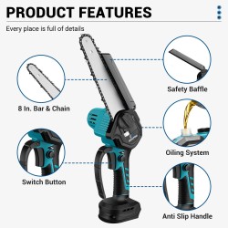 Drillpro 8-tuumainen harjaton akkuketjusaha nopealeikkuinen puuntyöstö puutarhakarsinta sopii Makita 18V-akulle