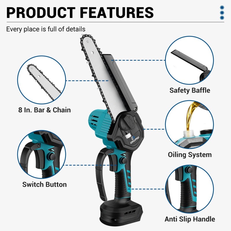 Drillpro 8-tuumainen harjaton akkuketjusaha nopealeikkuinen puuntyöstö puutarhakarsinta sopii Makita 18V-akulle