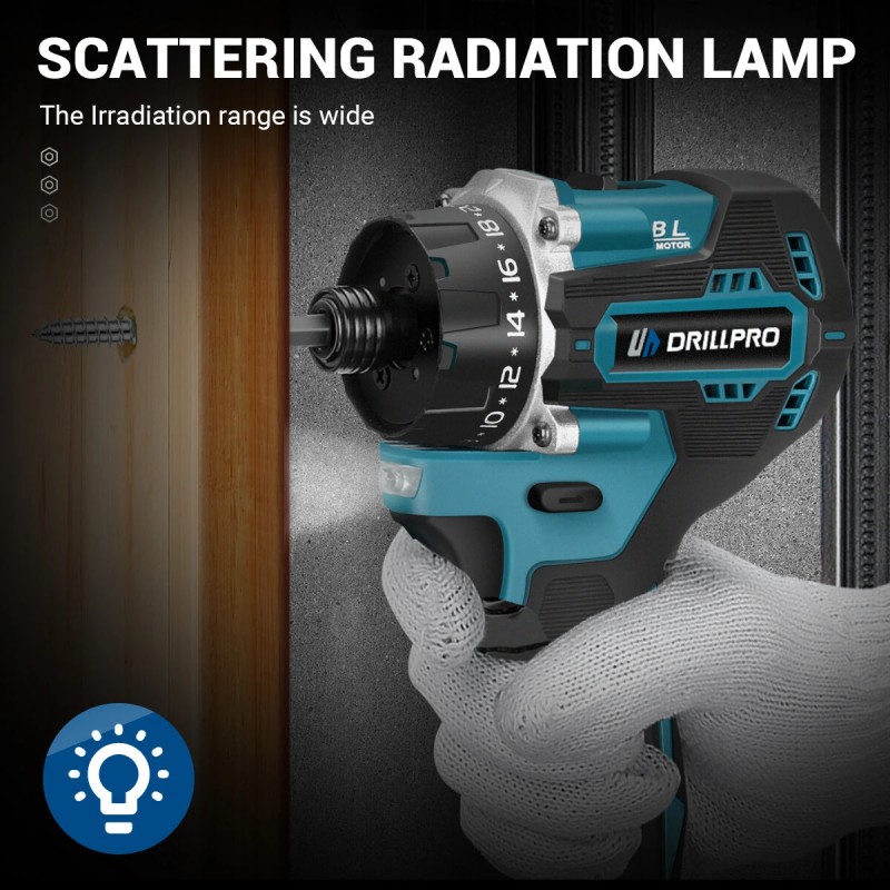 Drillpro harjaton sähköruuvimeisseli 1000W 20+1-vaihteinen kaksoisnopeus 18V-yhteensopiva
