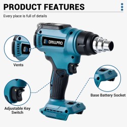 Drillpro 18V kuumailmapistooli LED-näyttö keraaminen lämmityselementti 30–650°C kutistemuovaus juotos ilman akkua