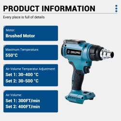 Drillpro 18V kuumailmapistooli LED-näyttö keraaminen lämmityselementti 30–650°C kutistemuovaus juotos ilman akkua