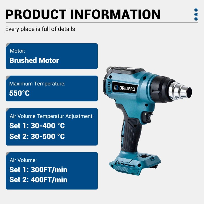 Drillpro 18V kuumailmapistooli LED-näyttö keraaminen lämmityselementti 30–650°C kutistemuovaus juotos ilman akkua