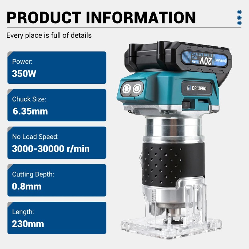 Drillpro akkukäyttöinen harjaton 350W puun trimmeri pienikokoinen reititin urantekoon kaiverrukseen