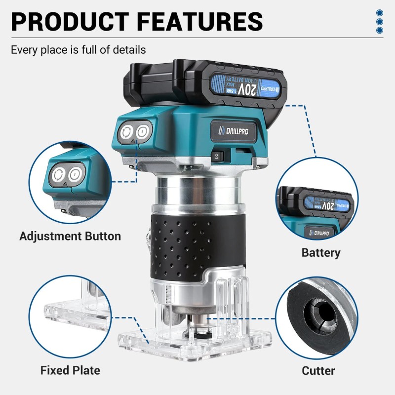 Drillpro akkukäyttöinen harjaton 350W puun trimmeri pienikokoinen reititin urantekoon kaiverrukseen