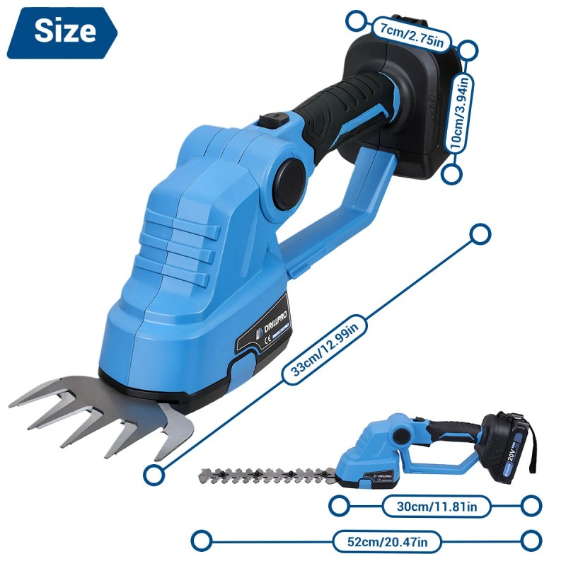Drillpro sähköinen pensasleikkuri ja ruohotrimmeri 1200 iskua minuutissa harjamoottorilla Makita-yhteensopiva 21 V akku