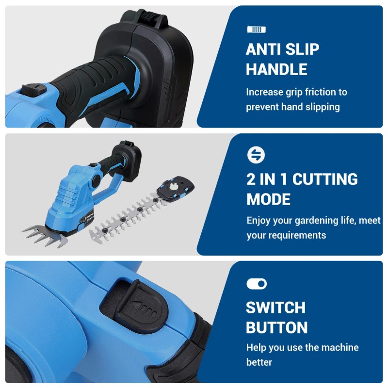 Drillpro sähköinen pensasleikkuri ja ruohotrimmeri 1200 iskua minuutissa harjamoottorilla Makita-yhteensopiva 21 V akku