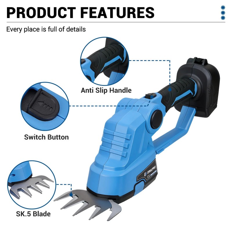 Drillpro sähköinen pensasleikkuri ja ruohotrimmeri 1200 iskua minuutissa harjamoottorilla Makita-yhteensopiva 21 V akku