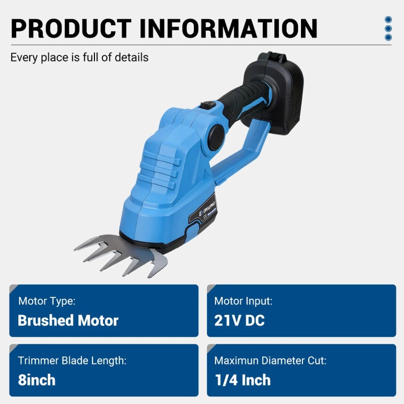 Drillpro sähköinen pensasleikkuri ja ruohotrimmeri 1200 iskua minuutissa harjamoottorilla Makita-yhteensopiva 21 V akku