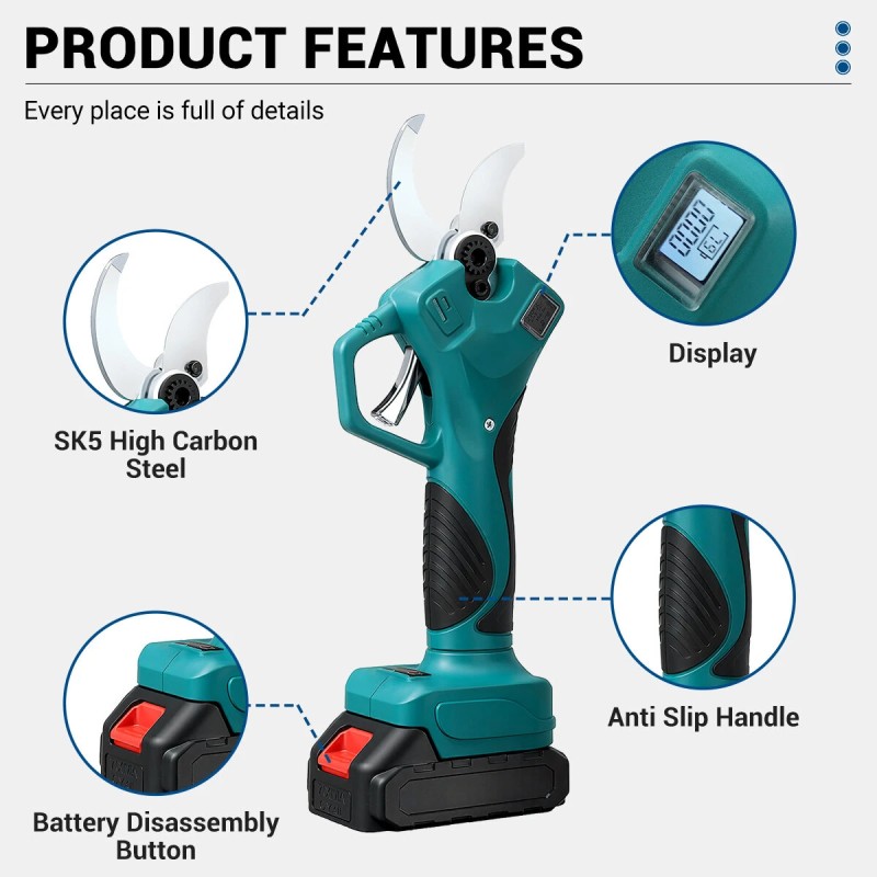 Drillpro sähkökäyttöinen oksasaksi 21V 600W sormisuoja 4-vaihteinen lcd-näyttö 55 mm leikkaushalkaisija akkukäyttöinen