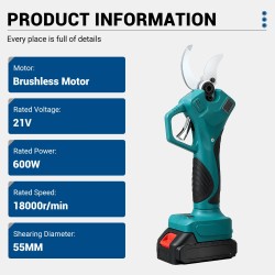 Drillpro sähkökäyttöinen oksasaksi 21V 600W sormisuoja 4-vaihteinen lcd-näyttö 55 mm leikkaushalkaisija akkukäyttöinen