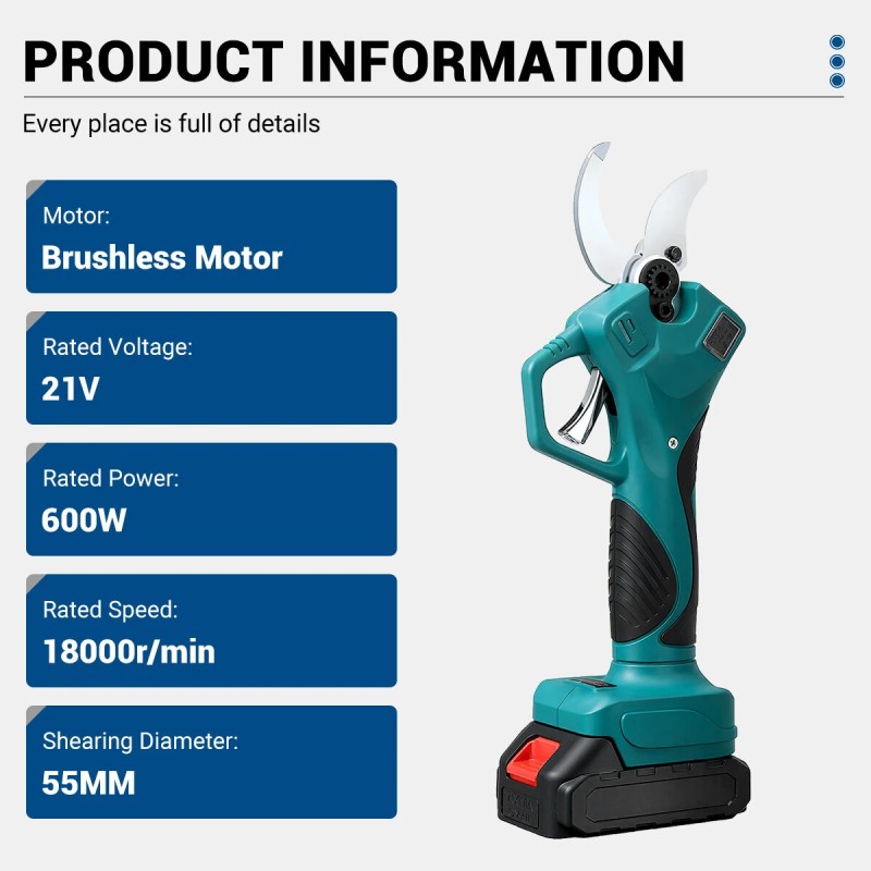 Drillpro sähkökäyttöinen oksasaksi 21V 600W sormisuoja 4-vaihteinen lcd-näyttö 55 mm leikkaushalkaisija akkukäyttöinen