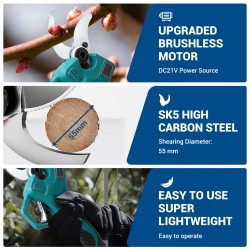 Drillpro sähkökäyttöinen oksasaksi 21V 600W sormisuoja 4-vaihteinen lcd-näyttö 55 mm leikkaushalkaisija akkukäyttöinen