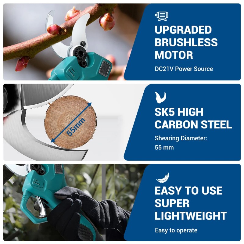 Drillpro sähkökäyttöinen oksasaksi 21V 600W sormisuoja 4-vaihteinen lcd-näyttö 55 mm leikkaushalkaisija akkukäyttöinen