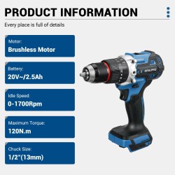 Drillpro akkukäyttöinen porakone harjaton moottori 20V 2,5Ah 120Nm 13mm istukka