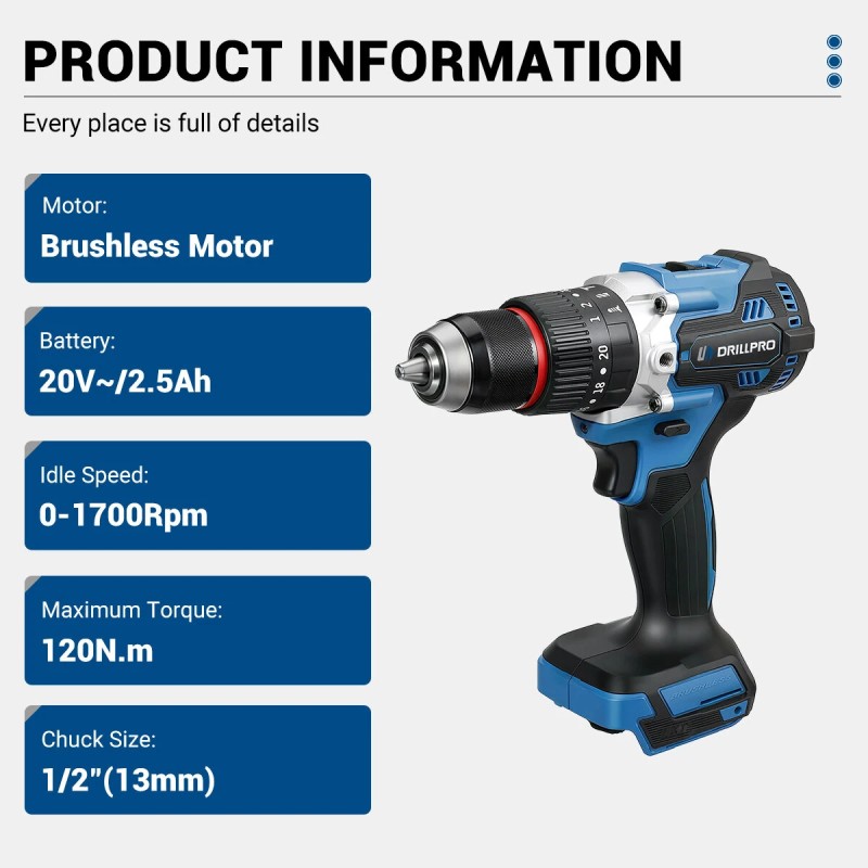 Drillpro akkukäyttöinen porakone harjaton moottori 20V 2,5Ah 120Nm 13mm istukka