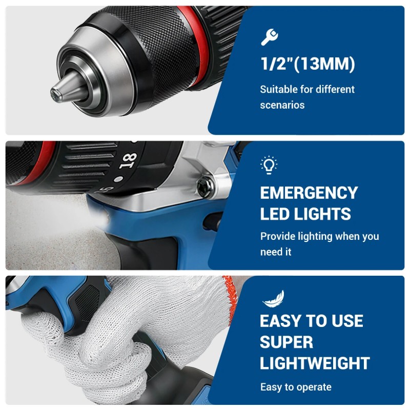 Drillpro akkukäyttöinen porakone harjaton moottori 20V 2,5Ah 120Nm 13mm istukka