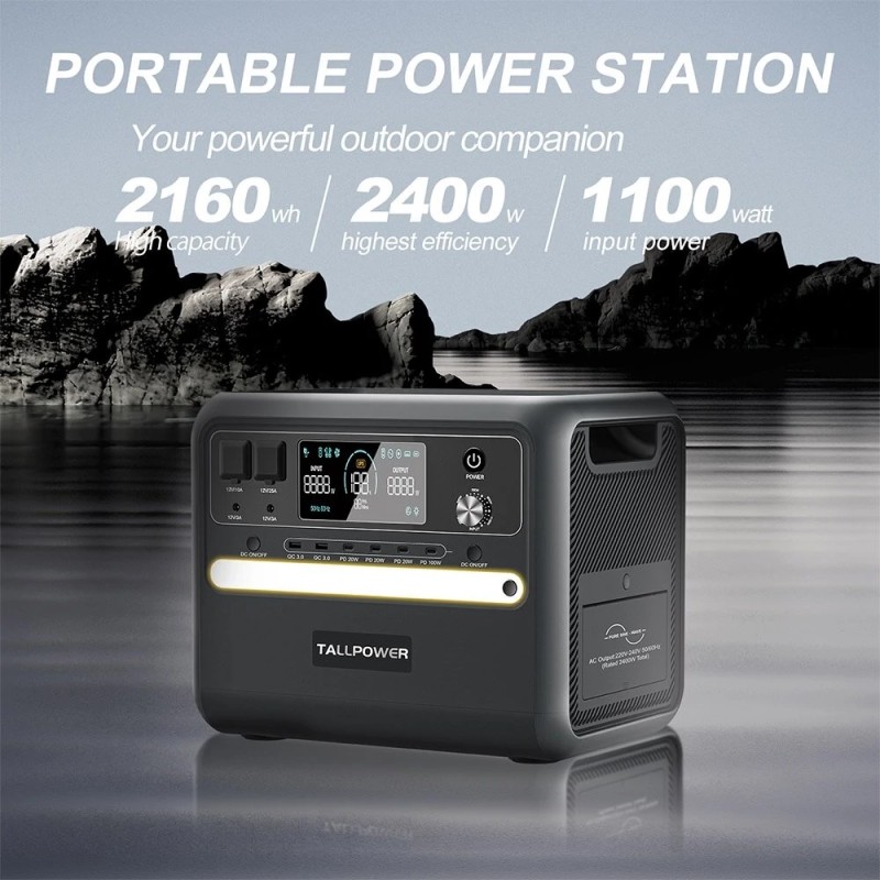 TALLPOWER V2400 kannettava virtalähde 2160Wh LiFePO4 2400W UPS aurinkolataus PD 100W led