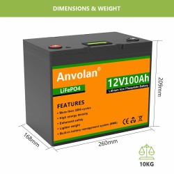 Anvolan 12V 100Ah LiFePO4 ladattava akku yli 3000 sykliä sisäänrakennettu BMS aurinkojärjestelmiin