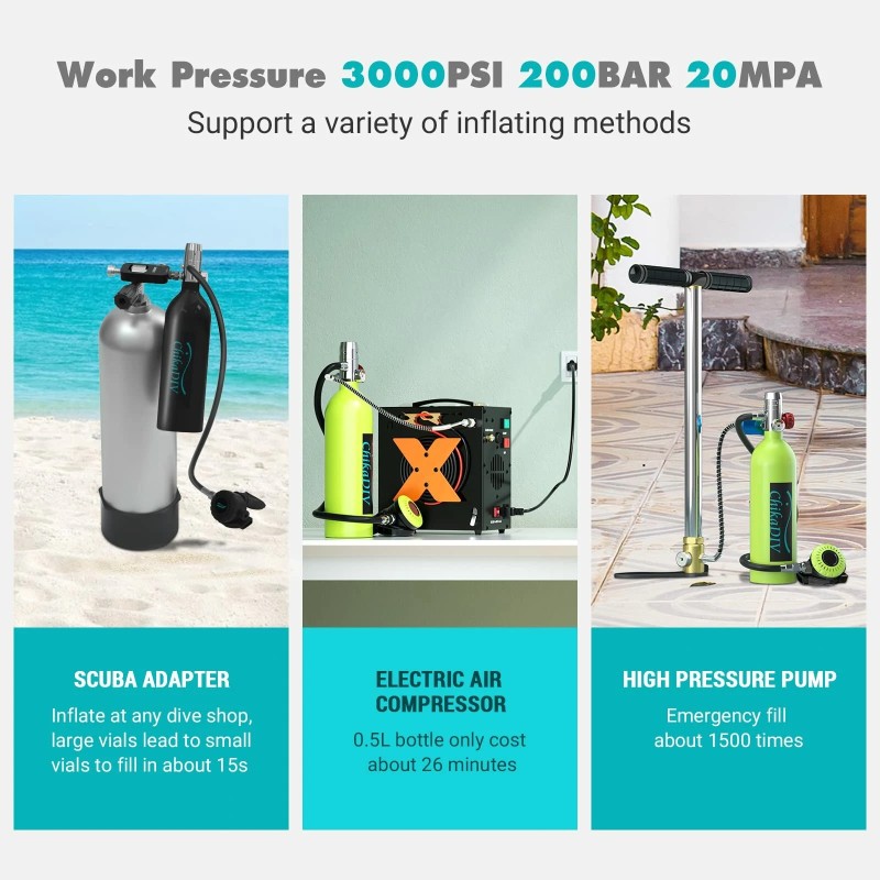 ChikaDIV 1 litran sukelluspullo 15–20 minuutin kannettava sukelluspaketti