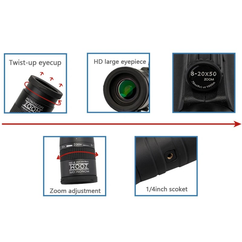 Monokulaarinen suurennettava kaukoputki 8–20x50 ja 6–16x42, korkealaatuinen optiikka, jalustakiinnitteinen
