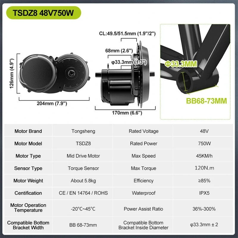 Tongsheng TSDZ8 48V 750W keskivetomoottori sähköpyörämuunnossarja EKD01-mittarilla 44T eturatas