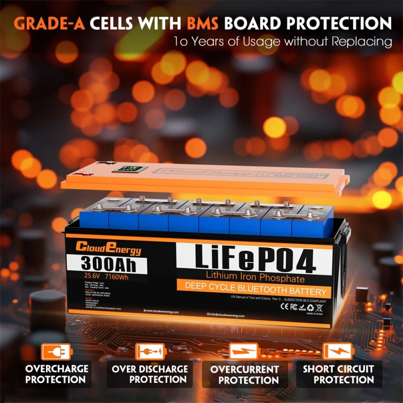 Cloudenergy 25,6V 300Ah LiFePO4 akkupaketti LCD-näytöllä ja Bluetoothilla 7680Wh yli 6000 sykliä