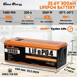 Cloudenergy 25,6V 300Ah LiFePO4 akkupaketti LCD-näytöllä ja Bluetoothilla 7680Wh yli 6000 sykliä