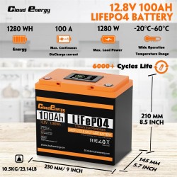 Cloudenergy 12.8V 100Ah LiFePO4-akku LCD-näyttö Bluetooth 1280Wh 6000+ sykliä 100A BMS DPCL12-100