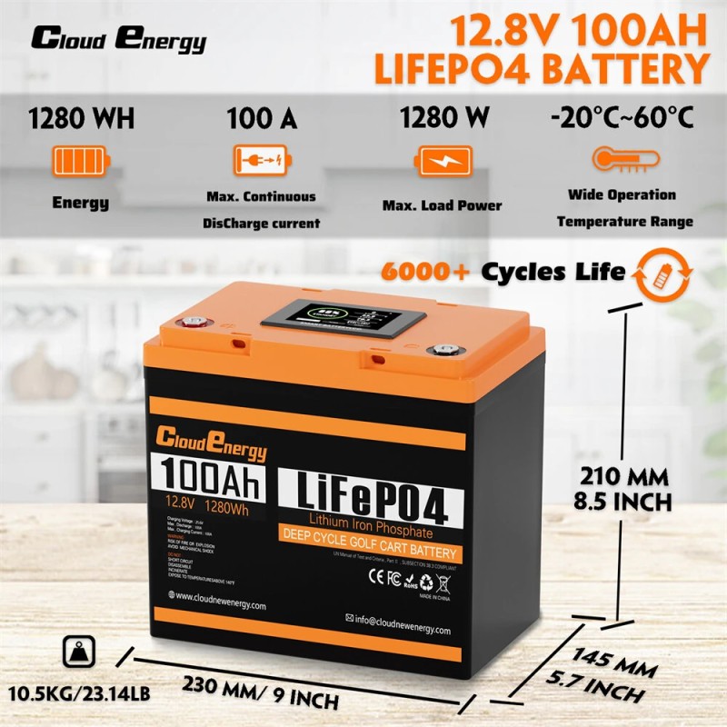 Cloudenergy 12.8V 100Ah LiFePO4-akku LCD-näyttö Bluetooth 1280Wh 6000+ sykliä 100A BMS DPCL12-100