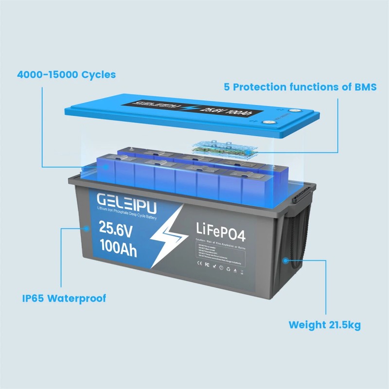 GELEIPU 25,6V 100Ah LiFePO4 ladattava akku 2560Wh BMS-suojauksella
