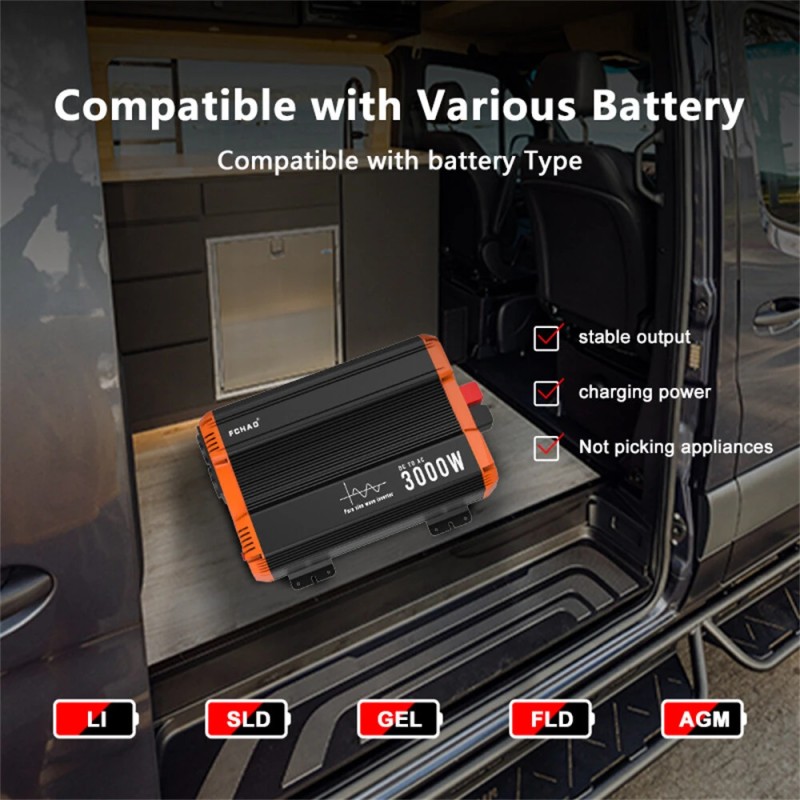 FCHAO 3000W puhdas siniaaltoinvertteri 12V/24V/48V DC-230V AC kaukosäätimellä EU-pistoke kotiin ja asuntoautoon