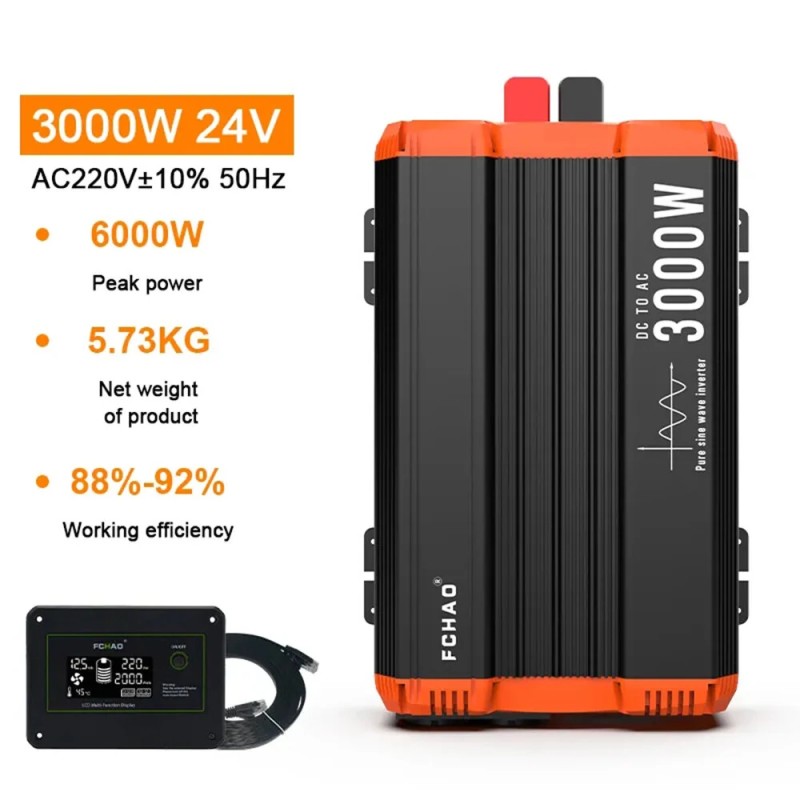 FCHAO 3000W puhdas siniaaltoinvertteri 12V/24V/48V DC-230V AC kaukosäätimellä EU-pistoke kotiin ja asuntoautoon