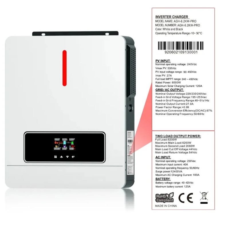 DAXTROMN AGH-6.2KW-PRO/AGH-4.2KW-PRO aurinkohybridisinvertteri 6200W/4200W 48VDC–230VAC 120A MPPT puhdas siniaalto wifi