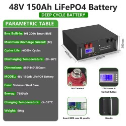 LiFePO4 48V 150Ah akkupaketti 7,68 kWh 6000 sykliä 16S BMS RS485/CAN