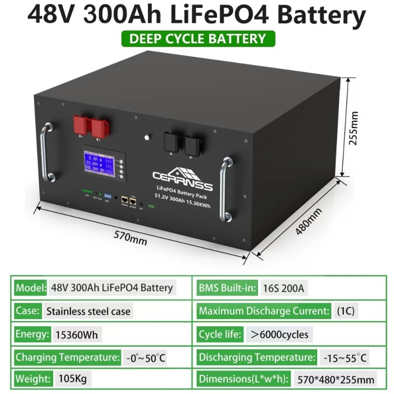 LiFePO4 akku 5,12 kWh 51,2 V 100/150/200/300 Ah aurinkoenergian varastointiin