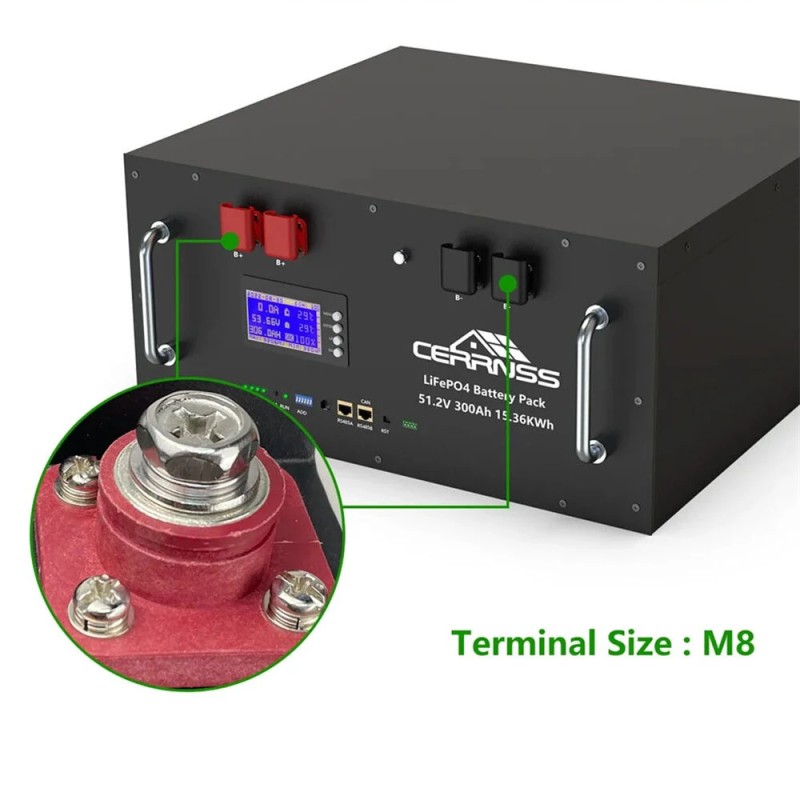 LiFePO4 48V 300Ah akkupaketti 16S älykäs BMS-järjestelmä RS485 CAN tietokoneohjaus aurinkoenergiavarasto