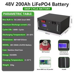 LiFePO4 48V 200Ah kaappiakku 10240Wh 6000 sykliä 16S BMS RS485 CAN tietokoneohjaus verkkokäyttöön ja varastointiin