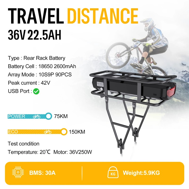 BAFANG 36V 22,5Ah 810Wh takatelineen sähköpyörän akku 30A suojapiirillä