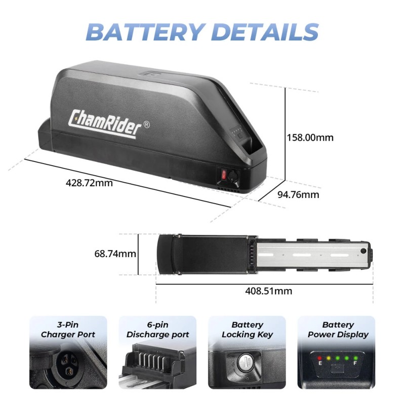 ChamRider Polly C 36V 33.6Ah sähköpyöräakku alaputkeen LG 21700 4800mAh 30A BMS IP65 4A-laturi
