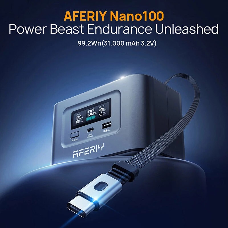 AFERIY Nano100 kannettava virtalähde 99,2Wh LiFePO4-kenno 100W USB-C-pikalataus käsimatkatavaroihin sallittu