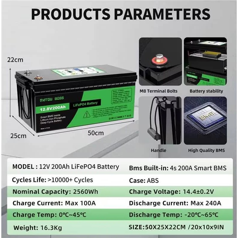 DATOUBOSS LiFePO4-akku 12,8V 100/200/300Ah sisäänrakennettu älykäs BMS yli 10000 sykliä