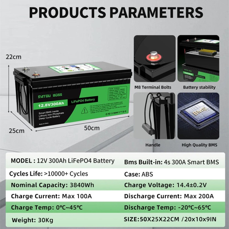 DATOUBOSS LiFePO4-akku 12,8V 100/200/300Ah sisäänrakennettu älykäs BMS yli 10000 sykliä