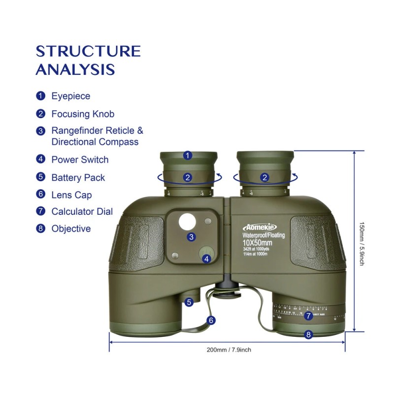 AOMEKIE AO3097 10x50 merikiikarit vesitiivis IPX7 etäisyysmittari ja kompassi
