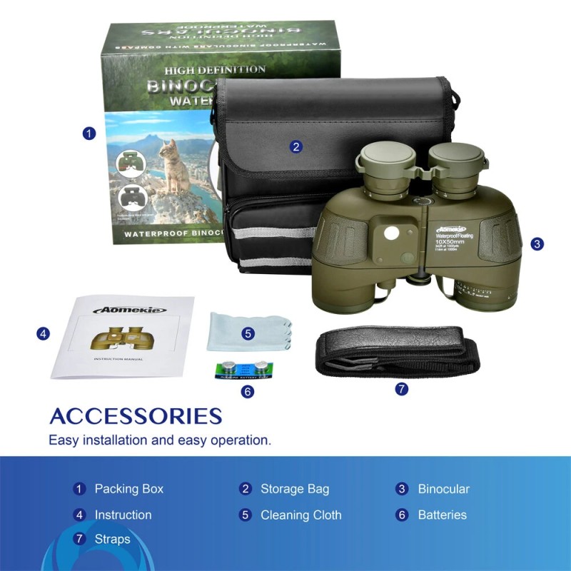 AOMEKIE AO3097 10x50 merikiikarit vesitiivis IPX7 etäisyysmittari ja kompassi