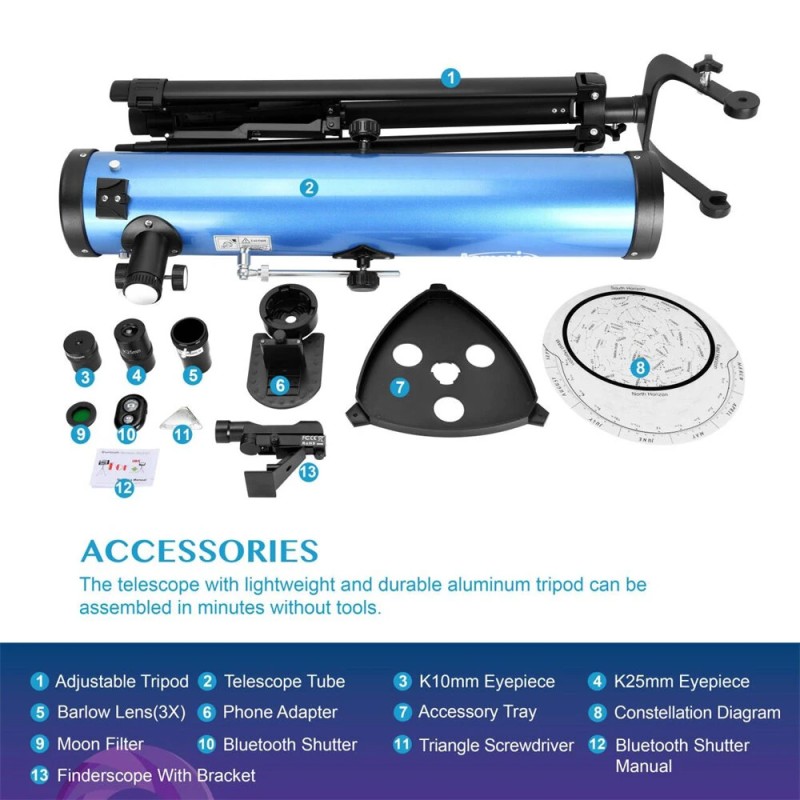 AOMEKIE heijastava kaukoputki 76mm 700mm 210x bluetooth-ohjain jalusta puhelinsovitin kuusuodatin A02018