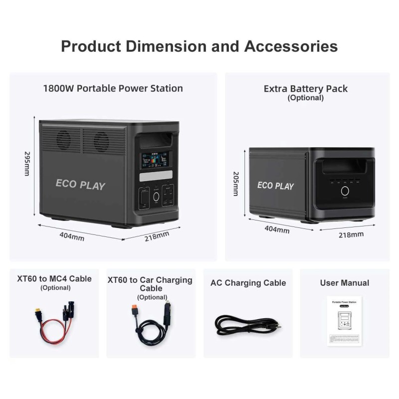 ECOPLAY N078 kannettava 1800W akkupankki 1536Wh laajennettava varavirtalähde puhdas siniaalto